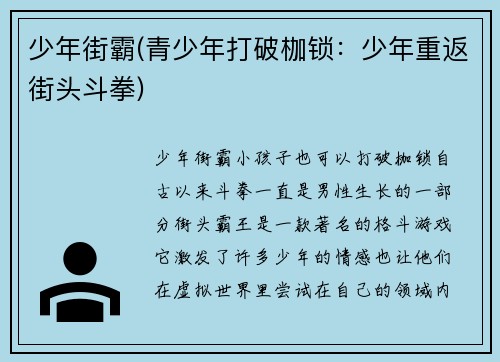 少年街霸(青少年打破枷锁：少年重返街头斗拳)